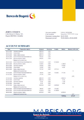 Downloadable Colombia Banco de Bogotá bank statement excel version 2 real example